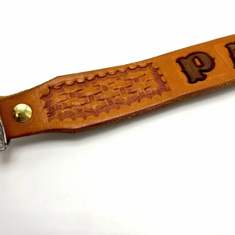 Patrick Boys Hand Tooled Leather Western Name Belt 22 Tan Basketweave Cowboy